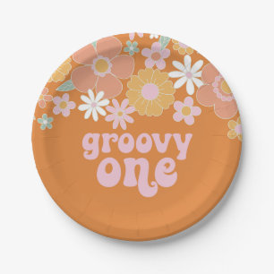 Groovy One Retro Floral Geburtstag Papier Teller