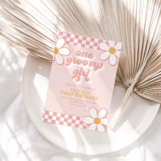 Groovy One Retro Girl Einladung zum Geburtstag