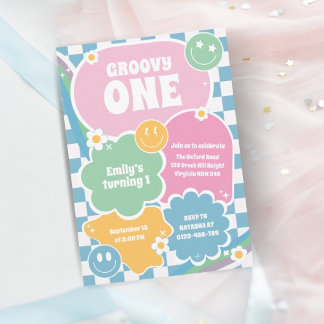 Groovy One Retro lächelt am ersten Geburtstag Einladung