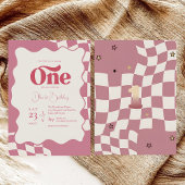 Groovy One Retro Pink Checkered 1st Birthday Invit Einladung