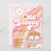 Groovy One Retro Pink Daisy 1. Geburtstag Einladung (Vorderseite)