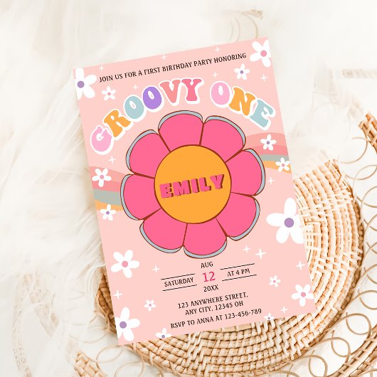 Groovy One Retro Rainbow 1. Geburtstag Party Einladung