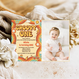 Groovy One Retro Rainbow 1. Geburtstag Party Foto Einladung