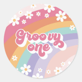 Groovy One Retro Rainbow 1. Geburtstag Runder Aufkleber