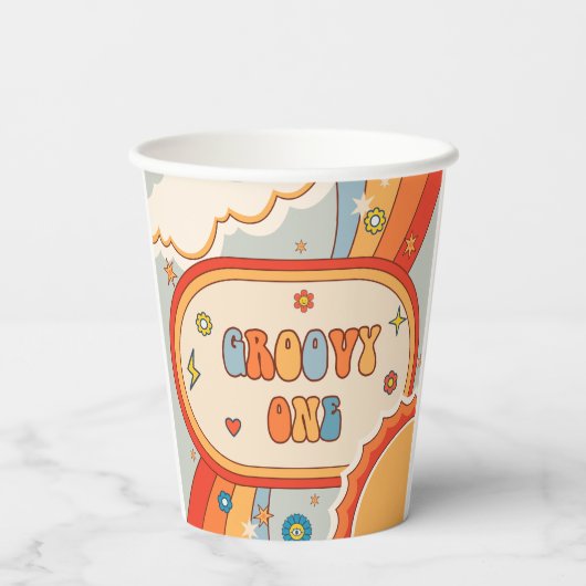 Groovy One Retro Rainbow Birthday Party Pappbecher (Rückseite)