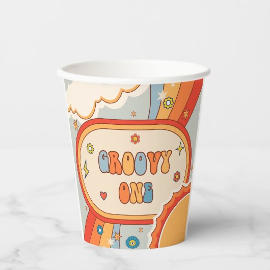 Groovy One Retro Rainbow Birthday Party Pappbecher (Vorderseite)