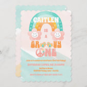 Groovy One Retro Rainbow Blume zum ersten Geburtst Einladung (Vorne/Hinten)
