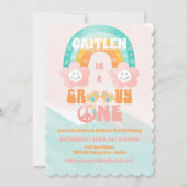 Groovy One Retro Rainbow Blume zum ersten Geburtst Einladung (Vorderseite)