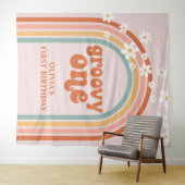 Groovy One Retro Rainbow Daisy Birthday Banner Wandteppich (Beispiel (Horizontal))
