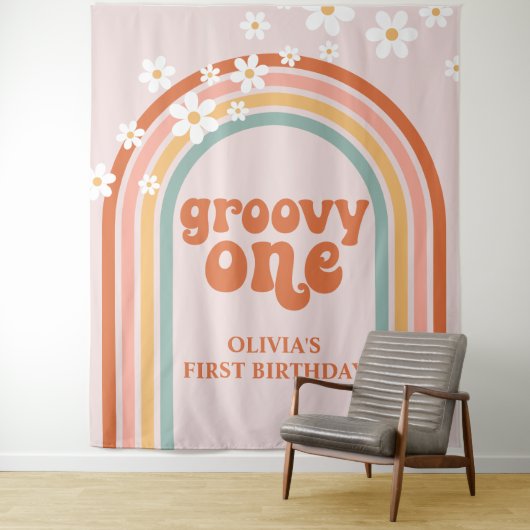 Groovy One Retro Rainbow Daisy Birthday Banner Wandteppich (Beispiel)