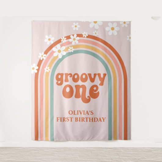Groovy One Retro Rainbow Daisy Birthday Banner Wandteppich (Vorderseite)