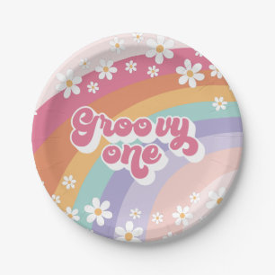Groovy One Retro Regenbogen 1. Geburtstag Pappteller