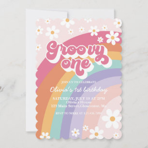 Groovy One Retro Regenbogen 1. Geburtstagseinladun Einladung