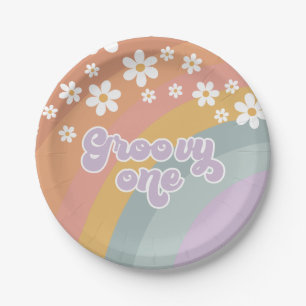 Groovy One Retro Regenbogen-Papierteller Pappteller