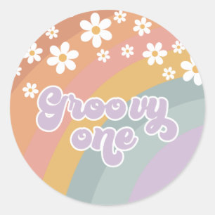 Groovy One Retro Regenbogen Runder Aufkleber
