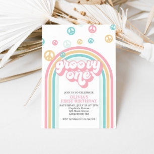 Groovy One Retro Sommer Regenbogen Einladung