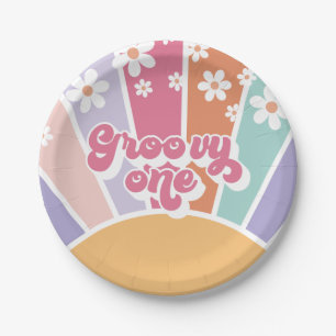 Groovy One Retro Sonnenschein Regenbogen Gänseblüm Pappteller