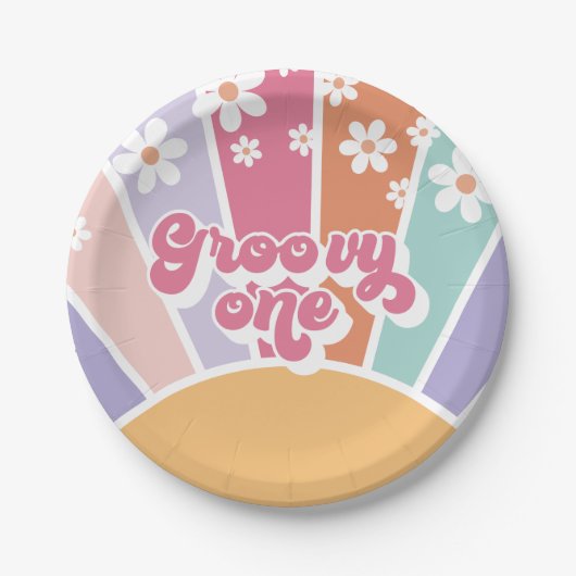 Groovy One Retro Sonnenschein Regenbogen Gänseblüm Pappteller (Vorderseite)