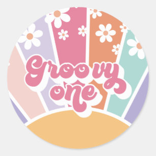 Groovy One Retro Sonnenschein Regenbogen Gänseblüm Runder Aufkleber
