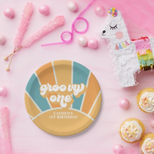 Groovy One Retro Sunshine Boy Erstgeburt Pappteller (Party)