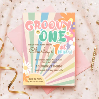 Groovy One Retro Sunshine Daisy Boho 1. Geburtstag Einladung