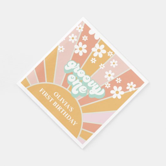 Groovy One Retro Sunshine daisy boho Paper Plate Serviette (Ecke)