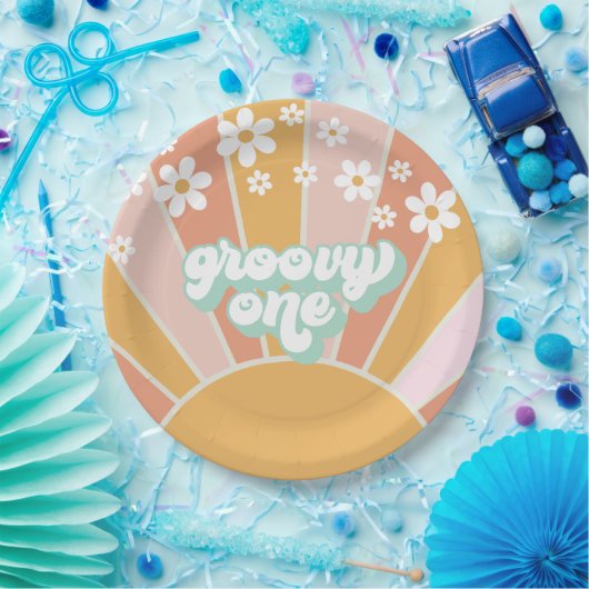 Groovy One Retro Sunshine daisy boho Pappteller (Party)