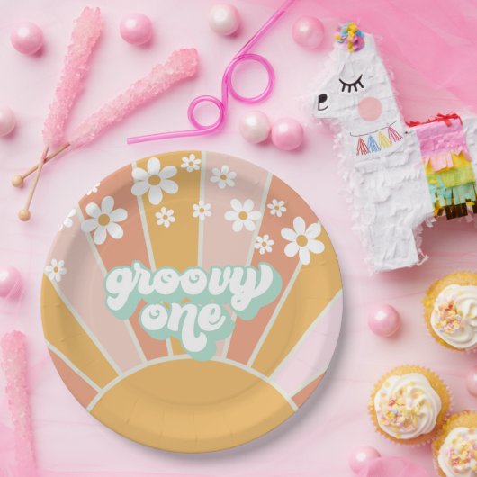 Groovy One Retro Sunshine daisy boho Pappteller (Party)