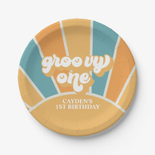 Groovy One Retro Sunshine Junge Erster Geburtstag Pappteller