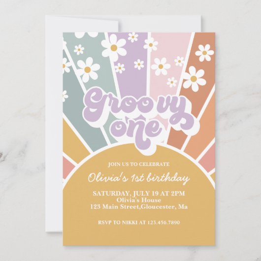 Groovy One Retro Sunshine Rainbow Daisy Einladung (Vorderseite)