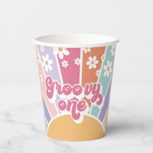 Groovy One Retro Sunshine Rainbow Daisy Pappbecher