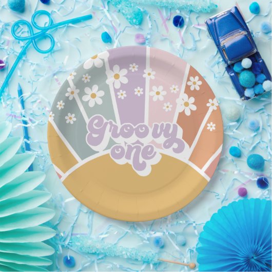 Groovy One Retro Sunshine Rainbow Daisy Pappteller (Party)