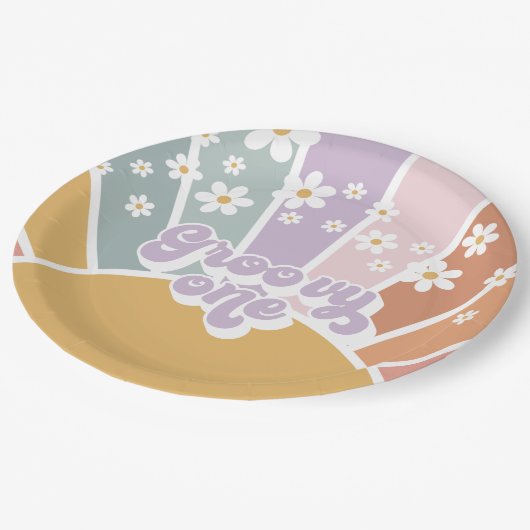 Groovy One Retro Sunshine Rainbow Daisy Pappteller (Schrägansicht)