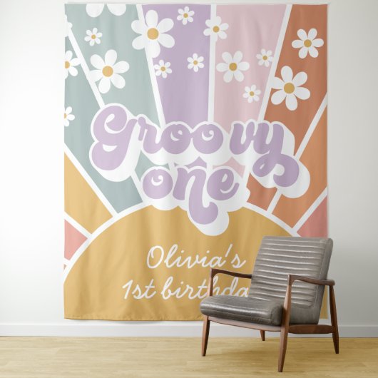 Groovy One Retro Sunshine Rainbow Daisy Wandteppich (Beispiel)