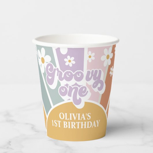 Groovy One Retro Sunshine Rainbow Paper Cups Pappbecher (Vorderseite)