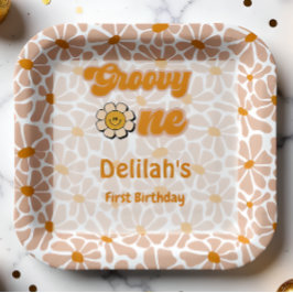 Groovy One Retro Vintag orange ersten Geburtstag Pappteller