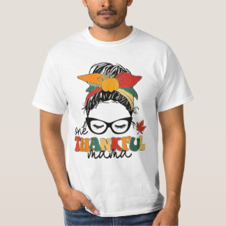 Groovy One Thankful Mama Messy Bun Frauen Herbst T-Shirt