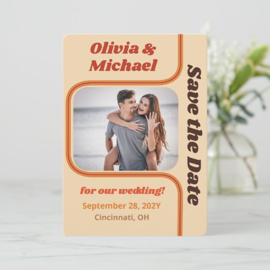 Groovy Orange and Brown Rainbow Curve Foto Save The Date (Stehend Vorderseite)