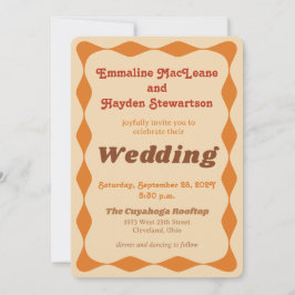 Groovy Orange and Brown Wavy Border Wedding Einladung
