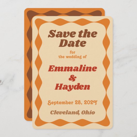 Groovy Orange and Brown Wavy Border Wedding Save The Date (Vorne/Hinten)
