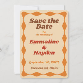 Groovy Orange and Brown Wavy Border Wedding Save The Date