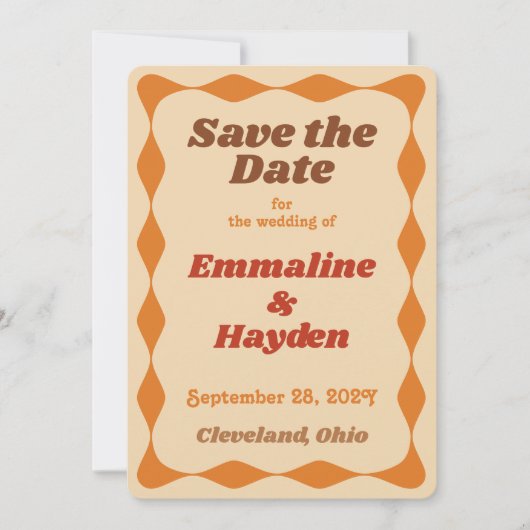 Groovy Orange and Brown Wavy Border Wedding Save The Date (Vorderseite)