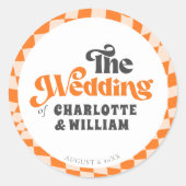 Groovy Orange Checkered Moderne Retro Hochzeit Runder Aufkleber (Vorderseite)