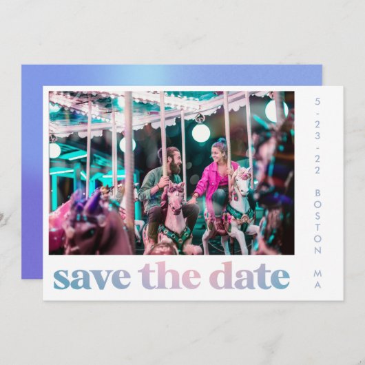 Groovy Pastel Lila Gradient Retro Foto Hochzeit Save The Date (Vorne/Hinten)