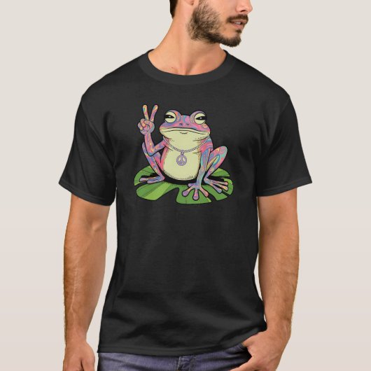 Groovy Peace Frog, Funny Frog Peace Sign T-Shirt (Vorderseite)