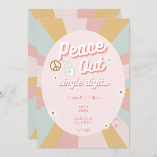 Groovy Peace Out Retro Single Digits 10. Geburtsta Einladung (Vorne/Hinten)