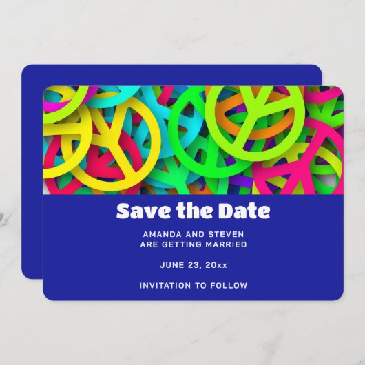 Groovy Peace signalisiert Rainbow Pattern Wedding Save The Date (Vorne/Hinten)