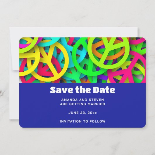 Groovy Peace signalisiert Rainbow Pattern Wedding Save The Date (Vorderseite)