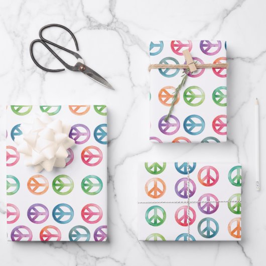 Groovy Peace signalisiert Wasserfarben-Hippie-Lieb Geschenkpapier Set (Vorderseite)
