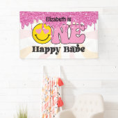 Groovy Peach Pink One Happy Babe Birthday Banner (Insitu)